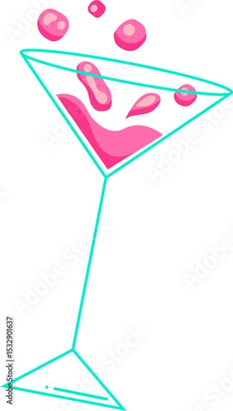 Obraz Flat illustration showing cyan-outlined martini glass splashing pink liquid, transparent background