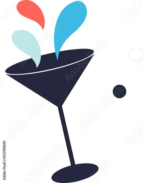 Fototapeta Stylized martini glass graphic is floating on transparent bg with colored splashes, navy circles