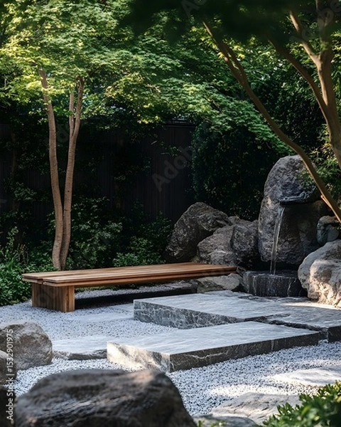 Obraz Minimalist Zen Garden with Wooden Bench, Stones and Water Feature, creating a peaceful and meditative outdoor space.