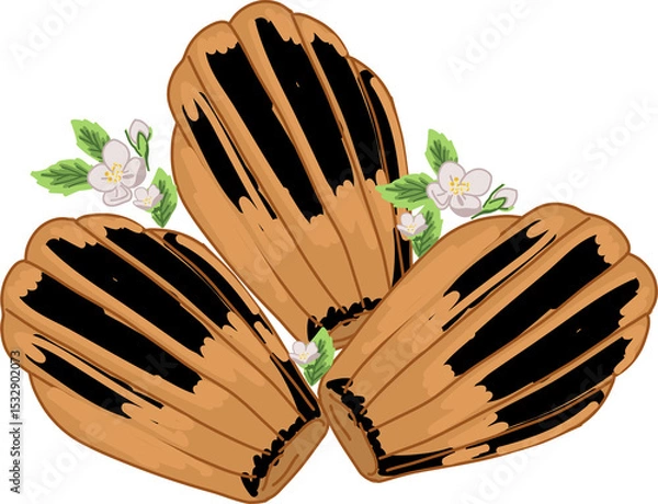 Obraz Three madeleine pastries are showing in sketch style with chocolate drips, blossoms, transparent bg