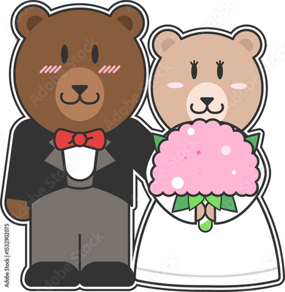 Obraz Flat design bear couple are posing in wedding outfits with pink bouquet on transparent background