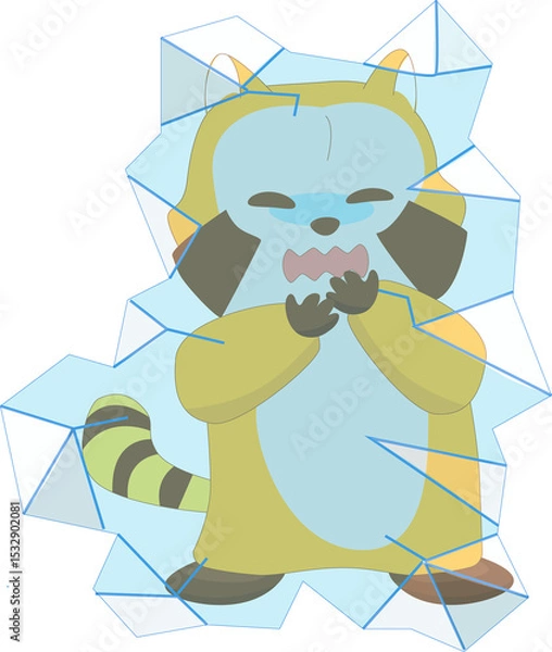 Obraz Cartoon raccoon is trembling in flat design, with jagged ice shards around, transparent background
