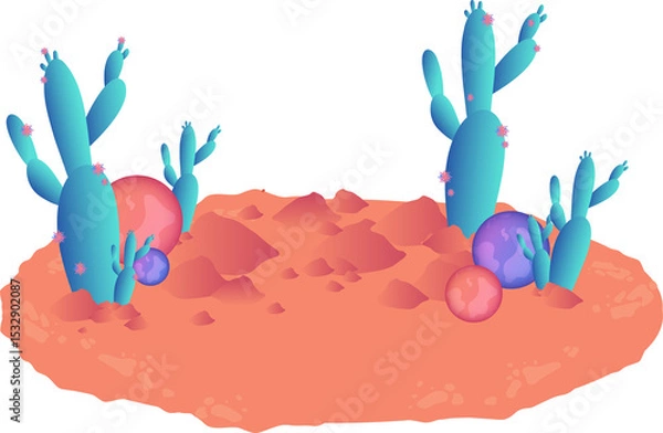 Fototapeta Coral-orange island is floating in flat art with succulents and spheres, transparent background