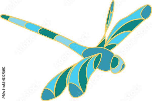 Fototapeta Flat design dragonfly showing segmented turquoise body and mosaic wings on transparent background