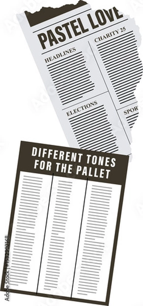 Fototapeta Two newspaper sheets are floating on transparent background featuring torn header and text columns