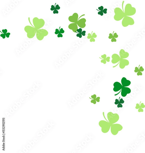Obraz Flat clover silhouettes are scattering over transparent canvas with green heart leaves, copy space