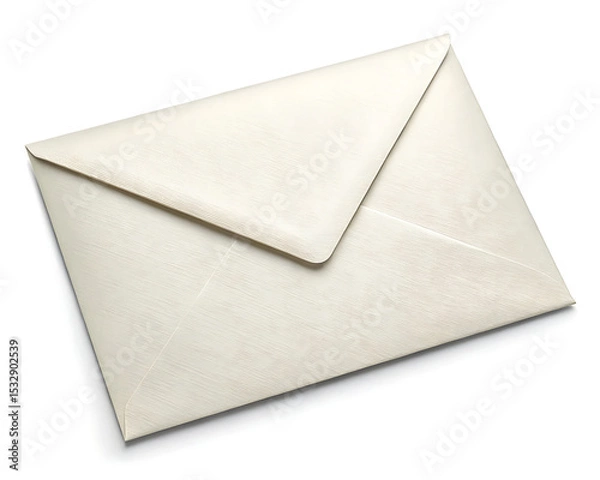 Fototapeta A slightly textured cream colored envelope laying flat on a white background with a triangular flap closed