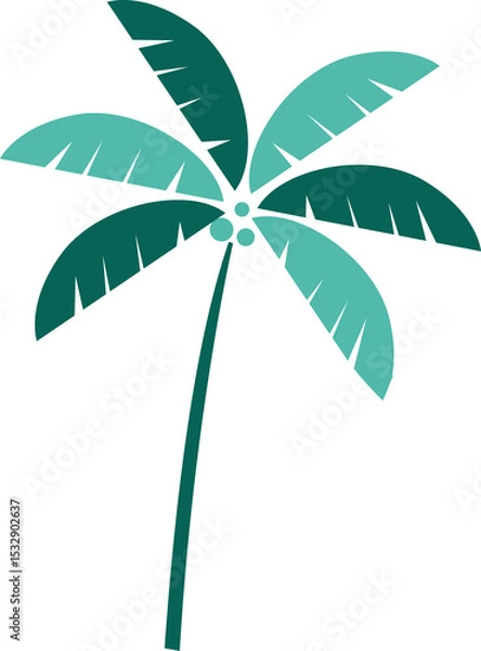 Obraz Flat palm tree graphic is standing with teal trunk, green fronds, coconuts, transparent background