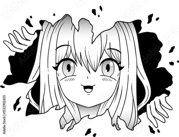 Fototapeta Anime grayscale character is emerging from ink splashes with white hands on transparent background