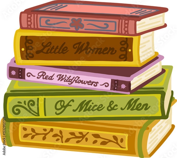 Obraz Hand-drawn book stack is featuring Little Women Red Wildflowers Of Mice and Men, transparent backgro
