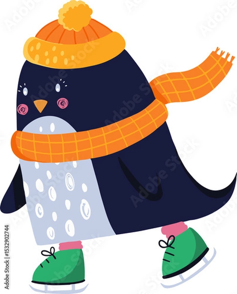 Fototapeta Stylized penguin is gliding on green ice skates, orange pompom hat and checkered scarf, transparent