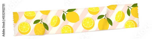 Obraz Vector lemon tape is showing lemons, slices  and  leaves on pink-white stripes, transparent backgrou