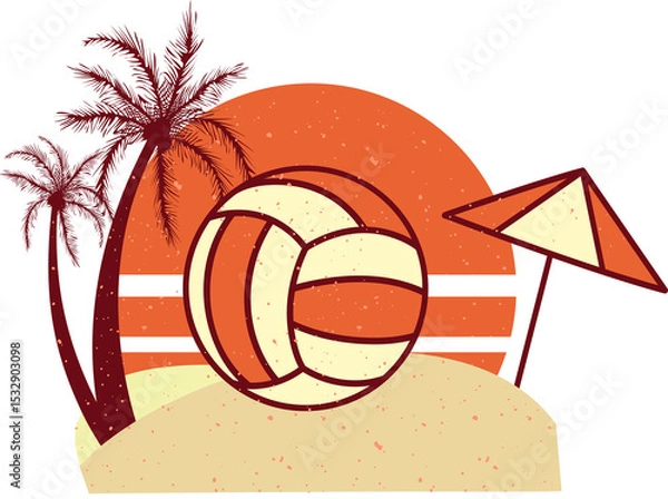 Fototapeta Volleyball is resting on dune in flat design with palm trees, umbrella, striped sun, transparent bg