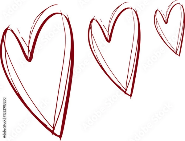 Fototapeta Three red sketched hearts are lining up on transparent background with double outlines, copy space