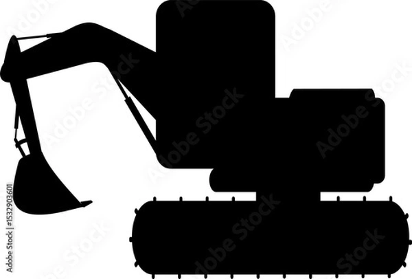 Obraz Showing excavator silhouette in clear backdrop, featuring tracks, boom, bucket, cab, counterweight