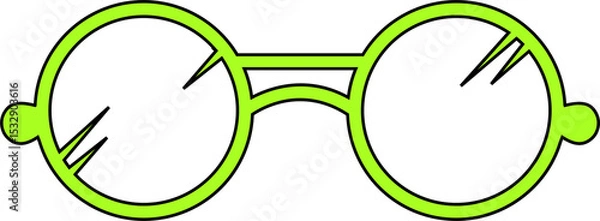 Fototapeta Line art showing neon green round glasses frames floating on transparent bg with lens highlights