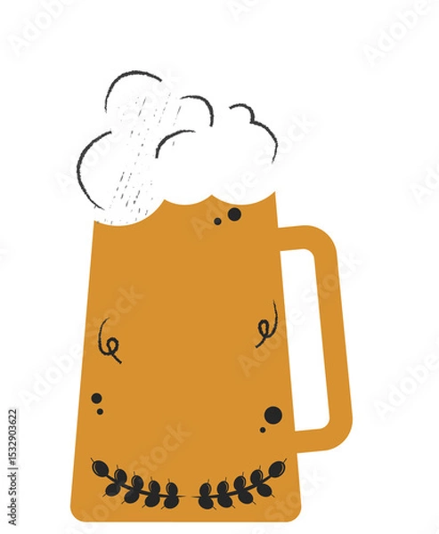 Fototapeta Cartoon beer mug is being shown on transparent background, with frothy foam and doodle accents