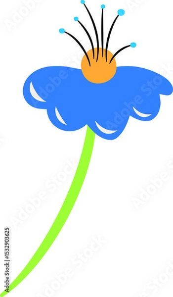 Obraz Stylized flat blue wildflower floating on transparent backdrop showing green stem and orange center