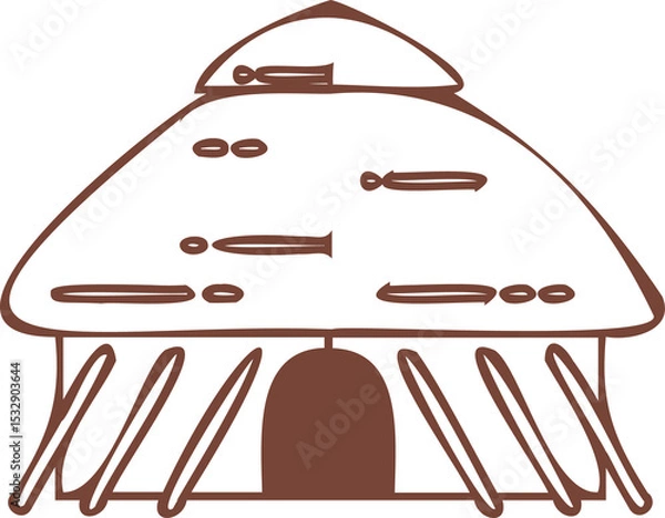 Obraz Flat line art is showing wooden hut with arched doorway and roof planks on transparent background