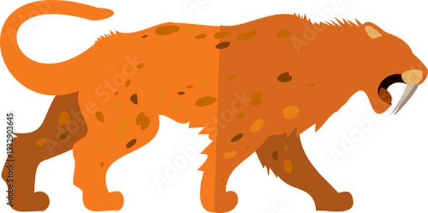 Obraz Prehistoric saber-toothed feline is striding in flat style with long canines transparent background