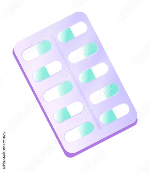 Fototapeta Stylized blister pack is floating on transparent background in 3D holding green-and-white capsules