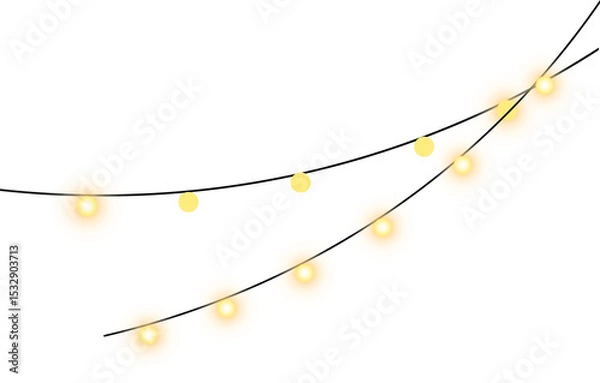 Fototapeta Showing string lights crossing black cords, warm yellow bulbs emitting glow on transparent backdrop