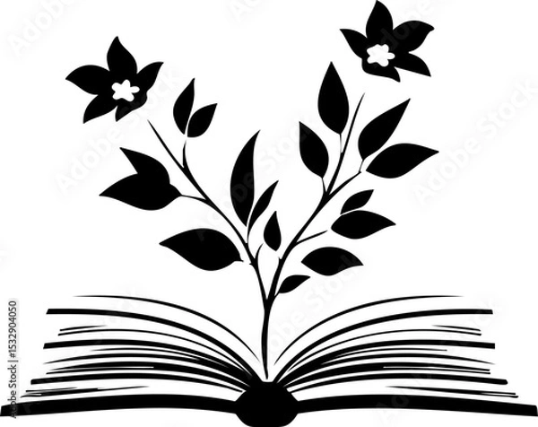 Fototapeta Black vector logo of flowers blooming from an open book, minimalist silhouette on white background, educational and botanical concept, symbolic reading growth emblem