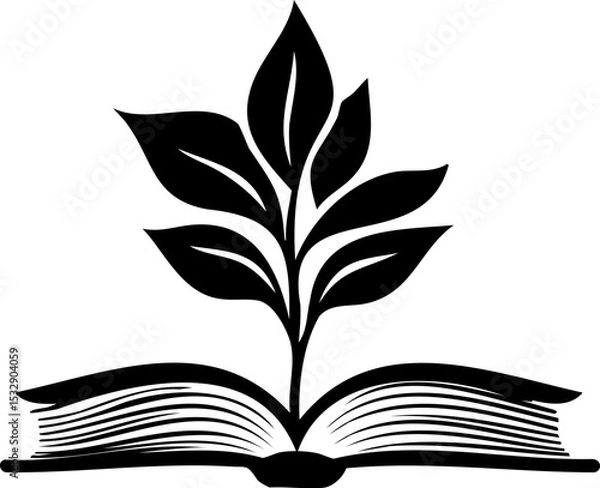 Fototapeta Black vector logo of flowers blooming from an open book, minimalist silhouette on white background, educational and botanical concept, symbolic reading growth emblem