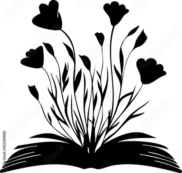 Fototapeta Vector silhouette logo of an open book with flowers growing from its pages, symbolizing knowledge, learning, and natural growth.