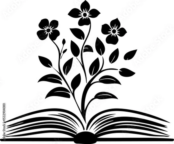 Fototapeta Black vector logo of flowers blooming from an open book, minimalist silhouette on white background, educational and botanical concept, symbolic reading growth emblem