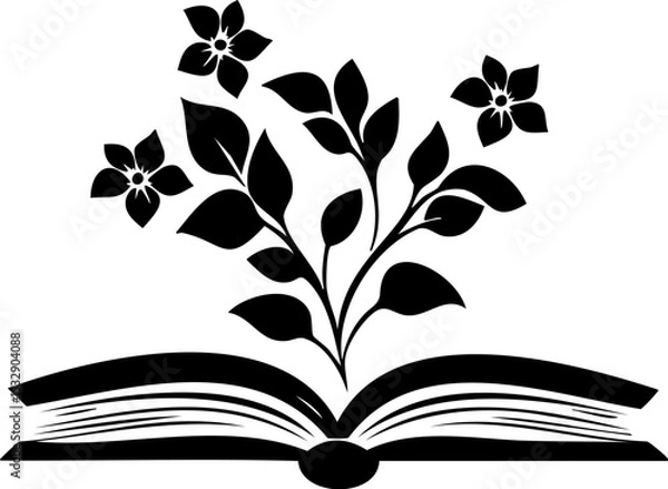 Fototapeta Vector silhouette logo of an open book with flowers growing from its pages, symbolizing knowledge, learning, and natural growth.