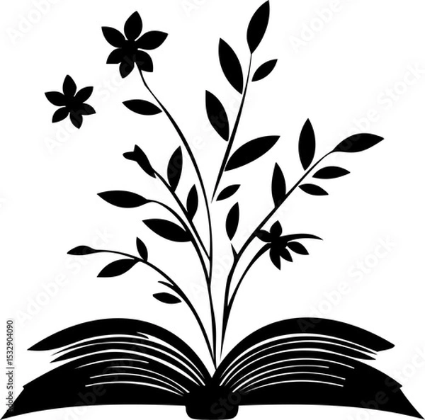 Fototapeta Black and white floral book logo in minimalist vector style, perfect for educational or botanical branding designs.
