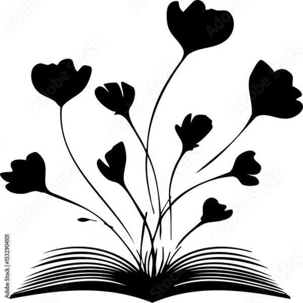 Fototapeta Black and white floral book logo in minimalist vector style, perfect for educational or botanical branding designs.