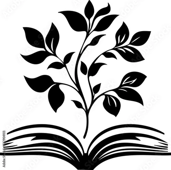 Fototapeta Elegant graphic emblem of blooming flowers emerging from an open book, ideal for logos related to reading, nature, or wellness.