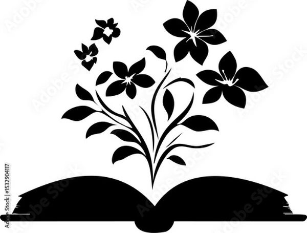 Fototapeta Black and white floral book logo in minimalist vector style, perfect for educational or botanical branding designs.