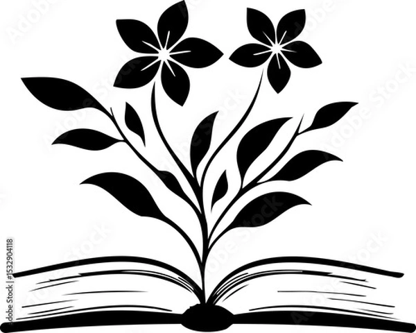Fototapeta Black vector logo of flowers blooming from an open book, minimalist silhouette on white background, educational and botanical concept, symbolic reading growth emblem