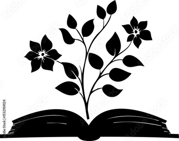 Fototapeta Elegant graphic emblem of blooming flowers emerging from an open book, ideal for logos related to reading, nature, or wellness.