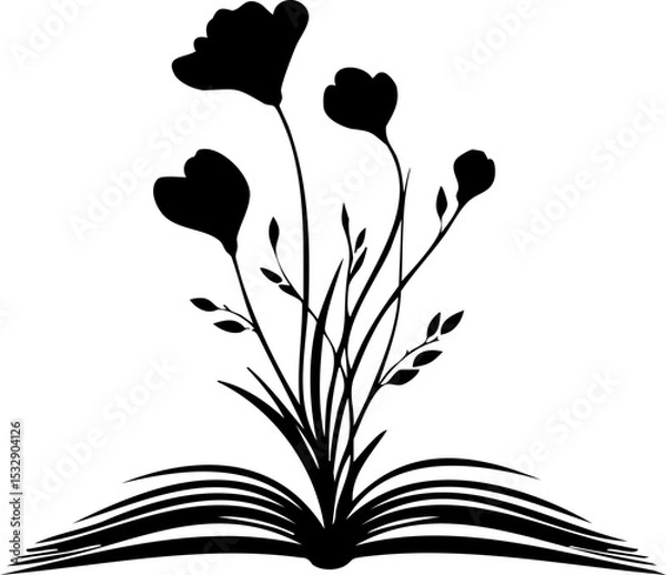 Fototapeta Vector silhouette logo of an open book with flowers growing from its pages, symbolizing knowledge, learning, and natural growth.