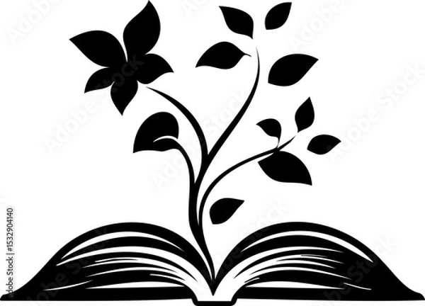 Fototapeta Vector silhouette logo of an open book with flowers growing from its pages, symbolizing knowledge, learning, and natural growth.