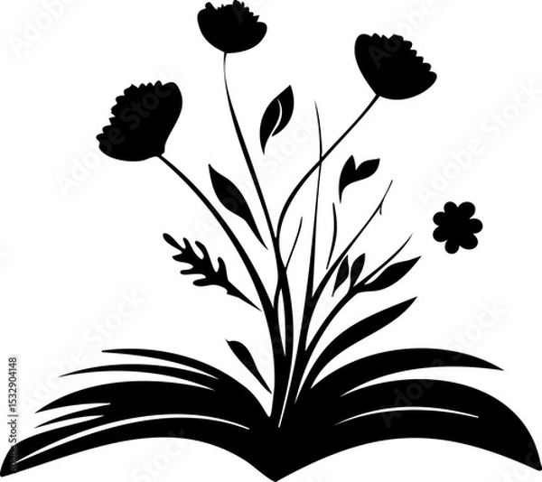 Fototapeta Elegant graphic emblem of blooming flowers emerging from an open book, ideal for logos related to reading, nature, or wellness.