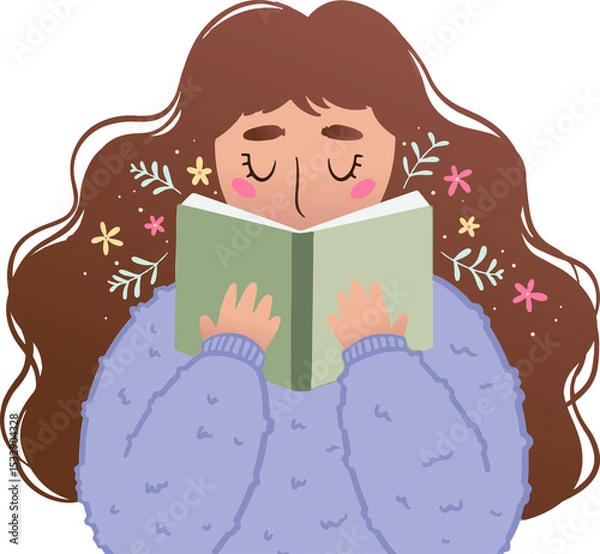 Fototapeta Woman is reading open green book in flat illustration with pastel florals, transparent backdrop