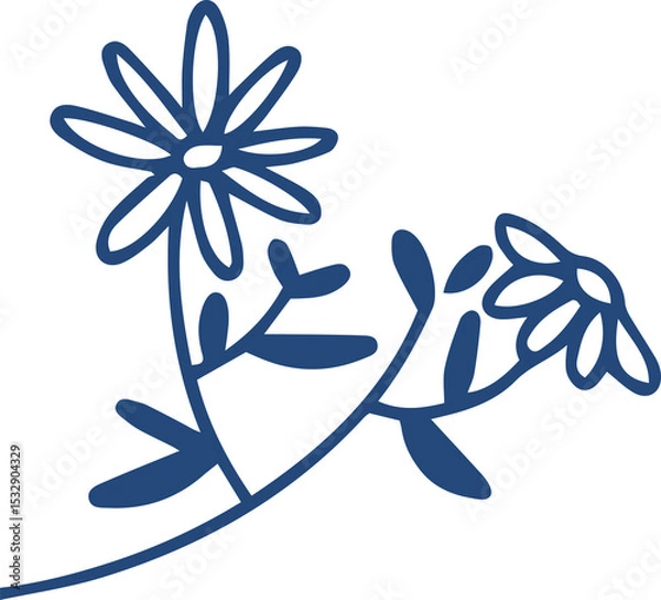Fototapeta Flat line drawing is showing two daisy flowers on curved stem with leaves on transparent background
