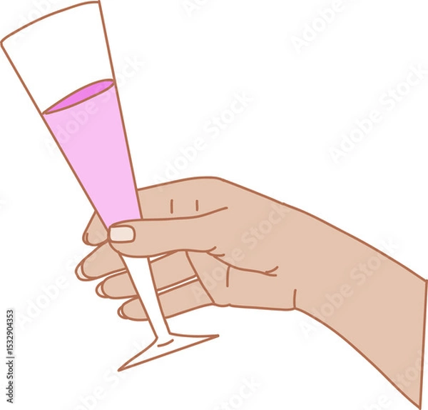 Obraz Stylized illustration is showing right hand holding pink champagne flute on transparent background
