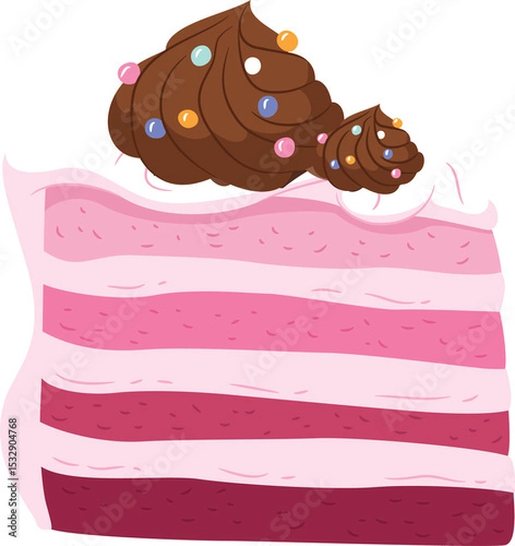 Obraz Flat cake slice illustration is showing frosting, choco swirls, sprinkles on transparent background