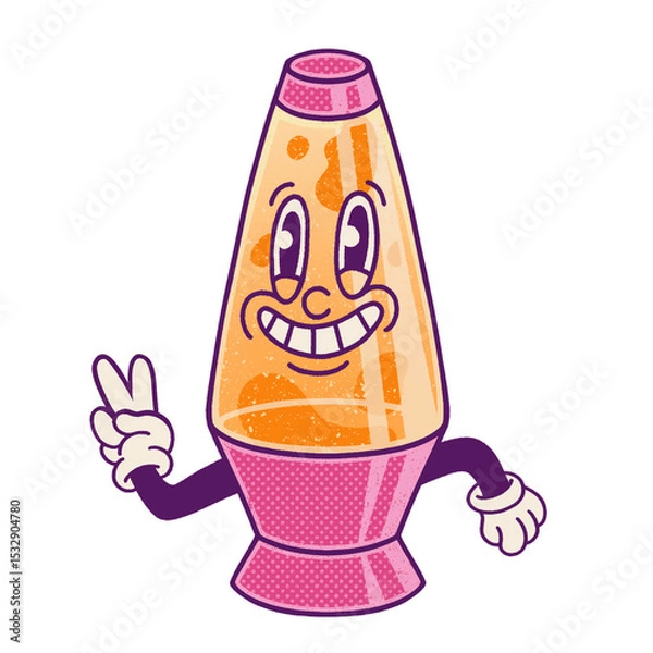 Obraz Cartoonish lava lamp is waving peace sign on transparent background, with pink base and amber blobs