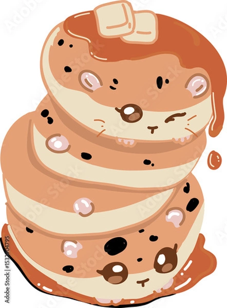 Obraz Cartoon-faced pancake stack is dripping syrup showing butter pats chips on transparent background