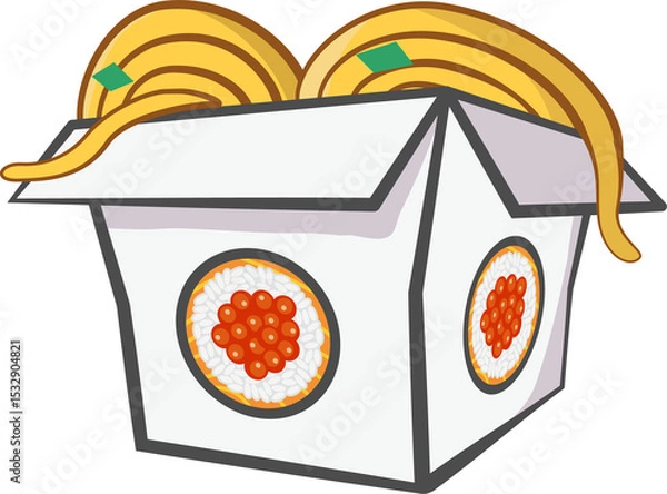 Fototapeta Cartoon to-go box is spilling yellow noodles from flaps with sushi motifs on transparent background
