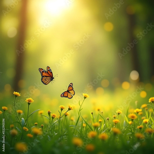 Obraz Two monarch butterflies over a sunny meadow