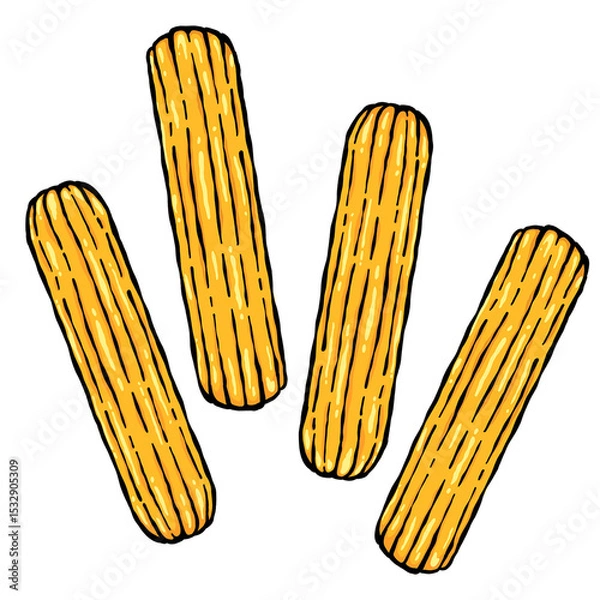 Fototapeta Four ridged churro sticks are floating in flat cartoon design on transparent background, copy space