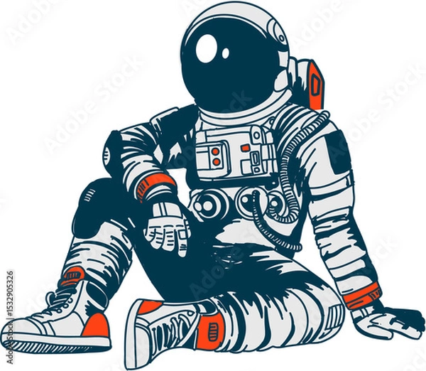 Obraz Flat design astronaut is sitting on clear background showing dark visor helmet hoses and controls